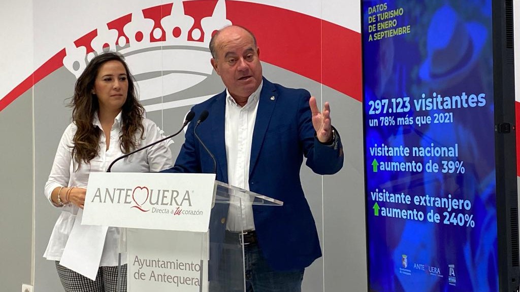 La edil de Turismo de Antequera, Ana Cebrián, y el alcalde Manolo Barón, mostrando datos de Turismo (octubre 2022)